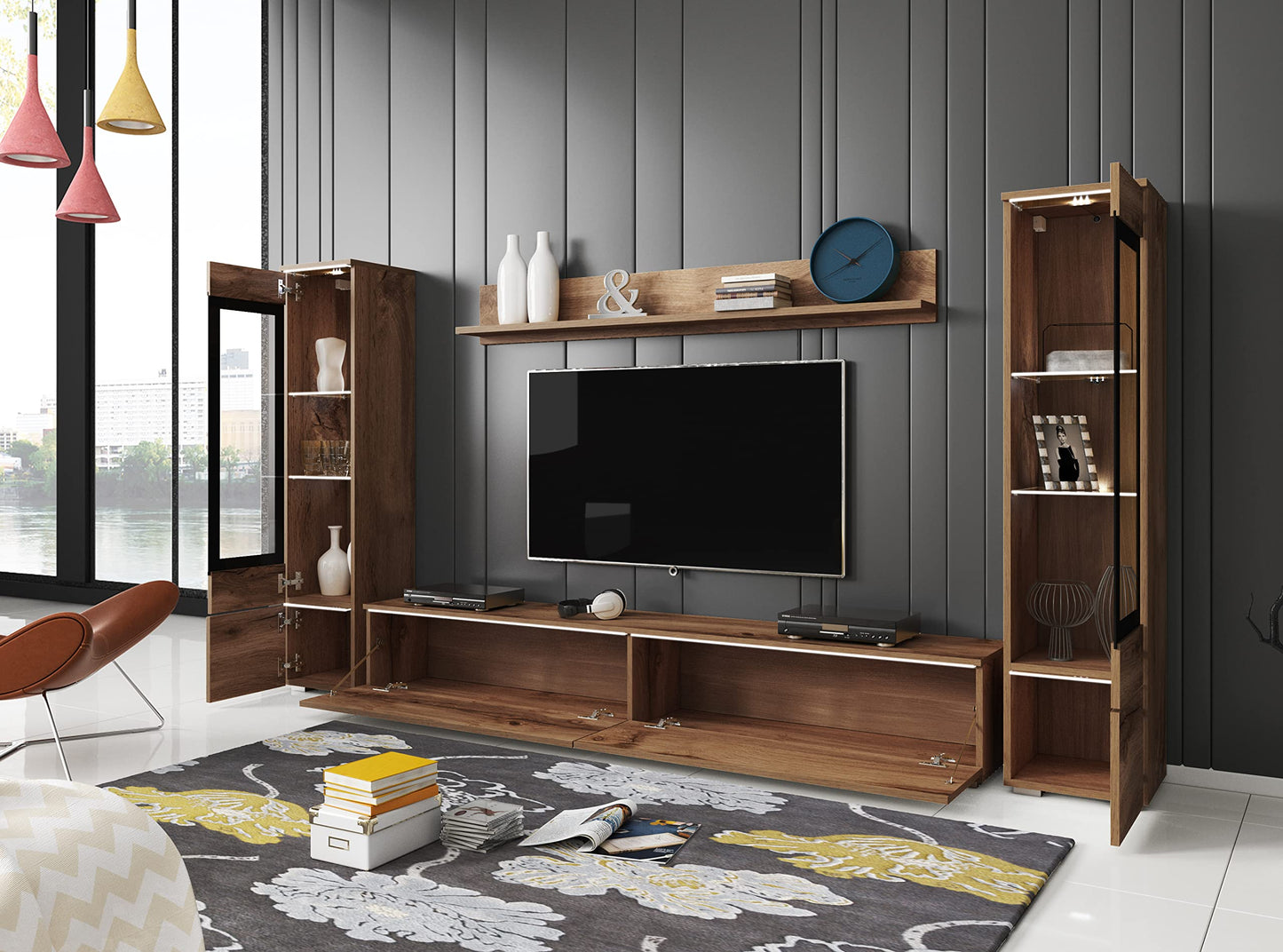 MINIO go for it Veve 2, 4-Piece Wall Unit Set, Hanging or Standing, 2 x Tall Cabinet Display Cabinets, Lowboard, Wall Board, Laminated Clamping Plate, Wotan Oak and Black Gloss, without Lighting