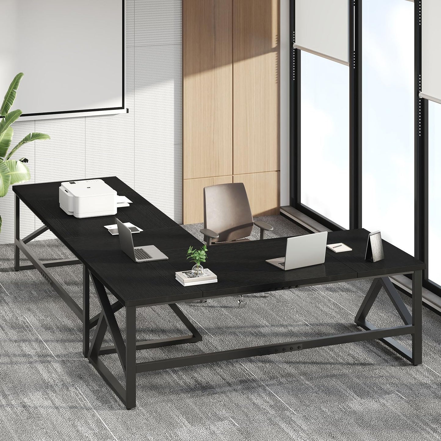 IBF Desk in Brown Colour with a Length of 70 Inches, Industrial Large Double Metal and Wood Desk for Computer, Long Office Table for Home