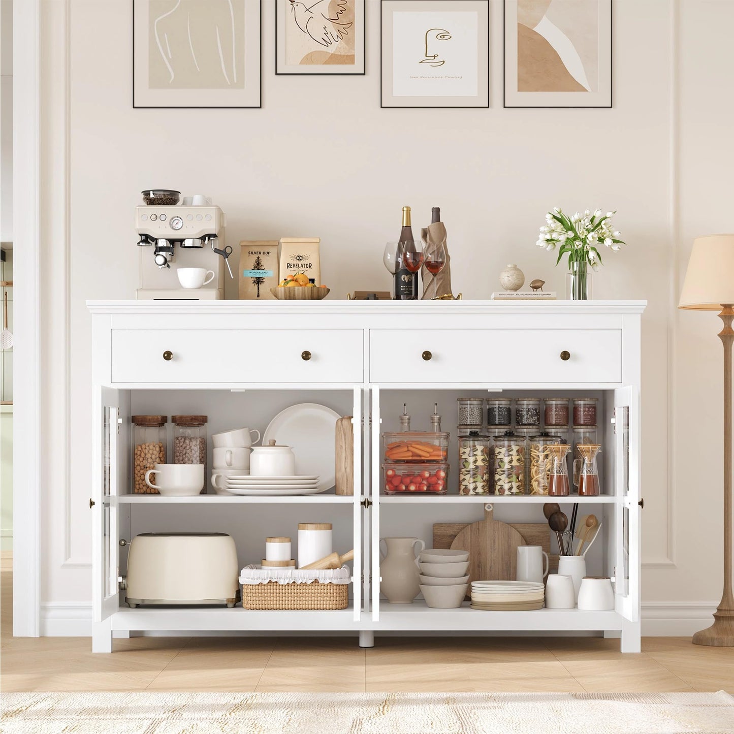 FirFurd Sideboard 140 cm Wide Kitchen Cabinet with Worktop Sideboard Living Room Kitchen Buffet Cabinet with 2 Drawers 4 Glass Doors Kitchen Buffet with Adjustable Shelves 140 x 40 x 91 cm Black