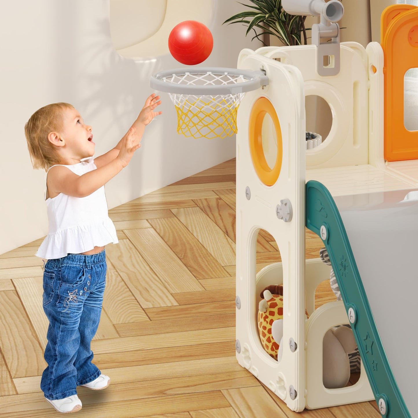 hoopyosms Kinder Rutsche Mit Klettergerüst, Basketballkorb Und Tunnel, Indoor-Kunststoffrutschenset Für Kinder, Montessori-Spielzeug Für Den Spielplatz, Grün