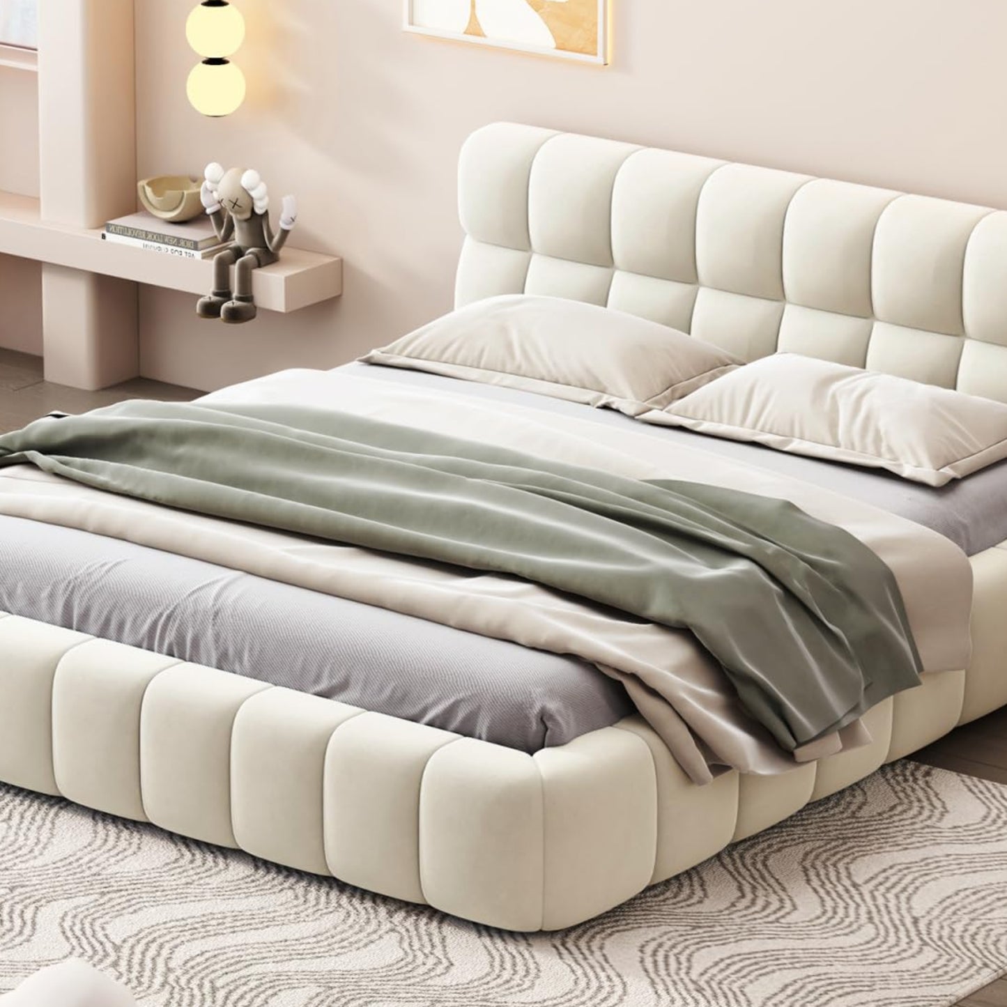 DULRLLY Bubble Bett Polsterbett 140x200 cm,Doppelbett mit Lattenrost, Jugendbett mit Gepolstertes Kopfteil, Gepolstertes Bett für Schlafzimmer und Gästezimmer,ohne Matratze, Leinenstoff (Weiß)