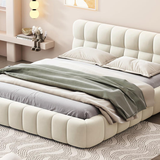 DULRLLY Bubble Bett Polsterbett 140x200 cm,Doppelbett mit Lattenrost, Jugendbett mit Gepolstertes Kopfteil, Gepolstertes Bett für Schlafzimmer und Gästezimmer,ohne Matratze, Leinenstoff (Weiß)