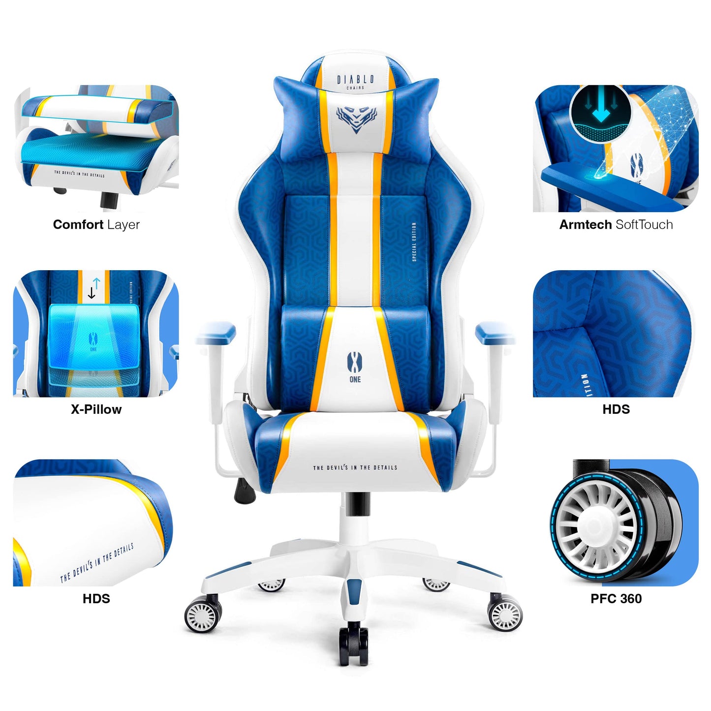 Diablo X-One 2.0 Gaming Stuhl Gamer Chair Bürostuhl Schreibtischstuhl Verstellbare Armlehnen Ergonomisches Design Nacken/-Lendenkissen Wippfunktion Aqua Blue Normal (L)