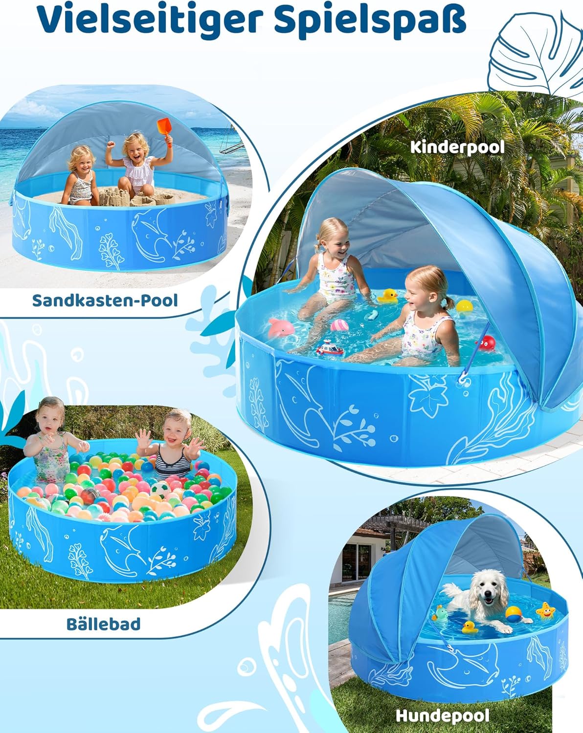 Hikiddy Schattiges Planschbecken für Kinder: 119,4 cm Pop-Up-Babypool mit Schatten für Sommer, Strand, Garten, Badespielzeug, Blau