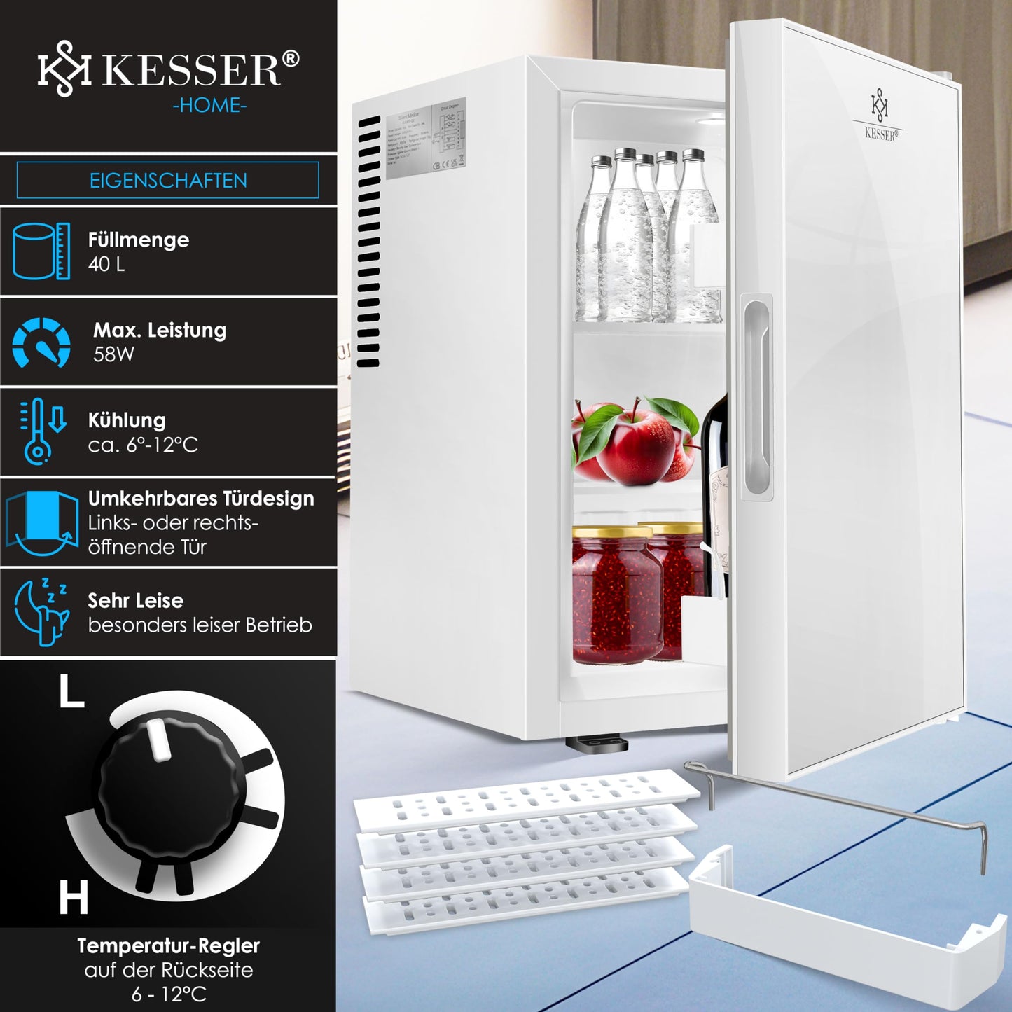 KESSER® Mini Fridge 40 L Lockable Mini Bar Ideal for Camping, Office, Bedroom, Hotel, Kitchen, Small Fridge Completely Silent, Interchangeable Door Hinge, Interior Lighting with Glass Opener
