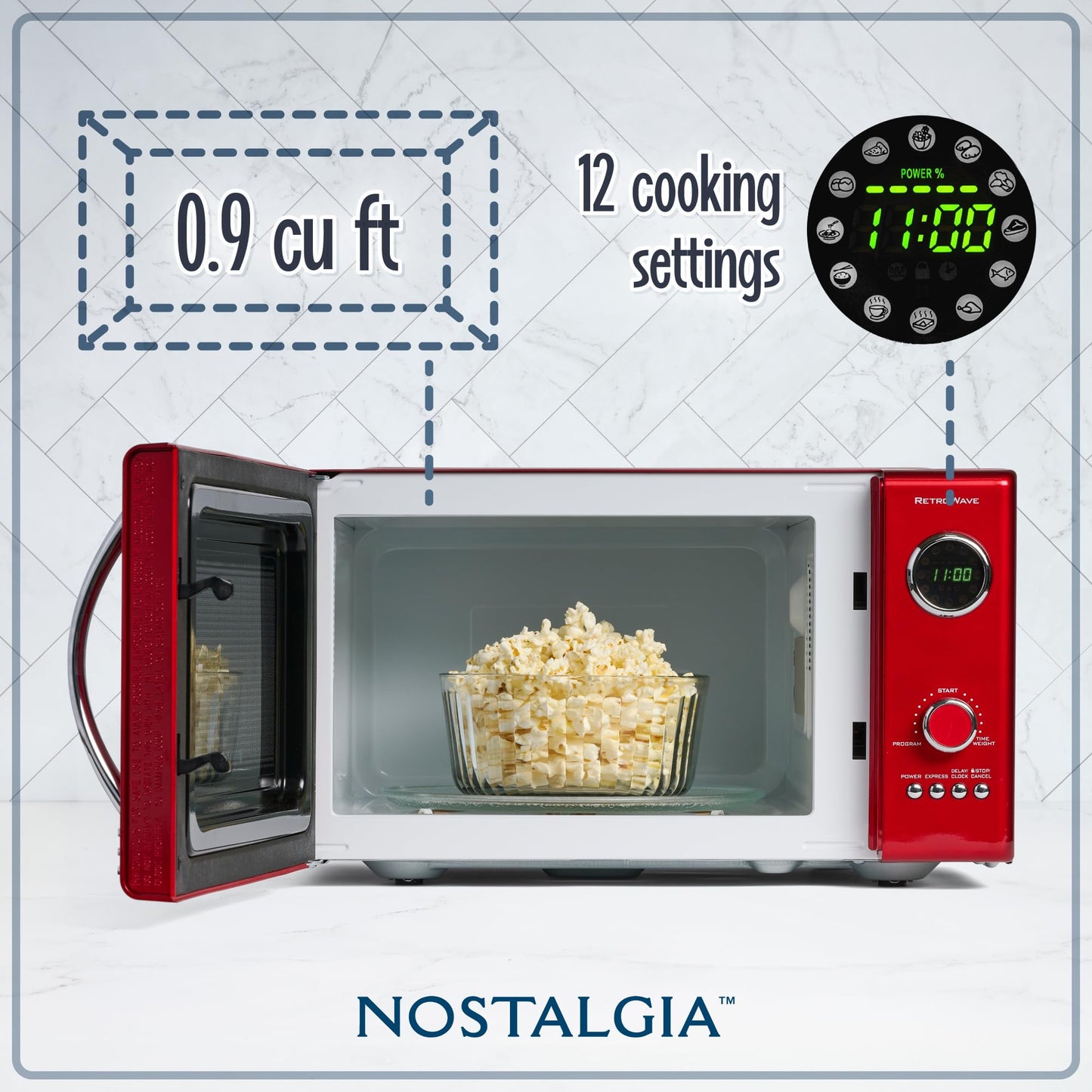 Nostalgia RMO4RR Retro Large 0.9 Cubic Feet, 800 Watt Top Microwave, 12 Preprogrammed Cooking Settings, Digital Clock, Easy Clean Interior, Metallic Red