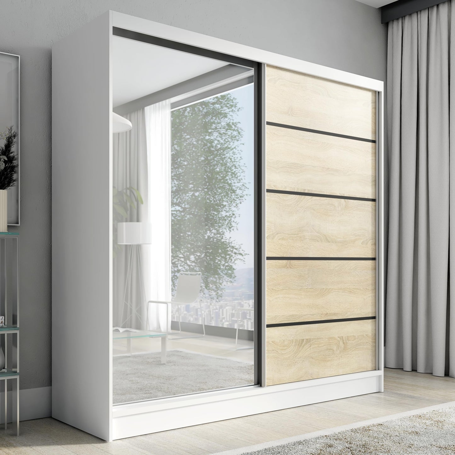 A&J MöbelLand Schwebetürenschrank mit Spiegel, 200 cm, 2 Türen, Schwarz (Schwarz)