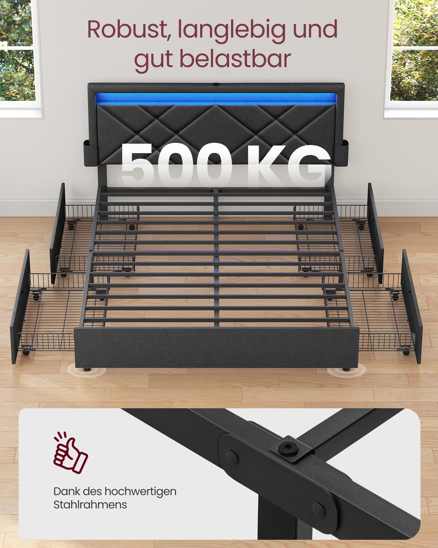 VASAGLE Double Bed Frame - Fits 140 x 200 cm Mattress - LED Metal Bed - 4 Drawers - Charging Station - Adjustable Padded Headboard - Slate Grey RMB827G02