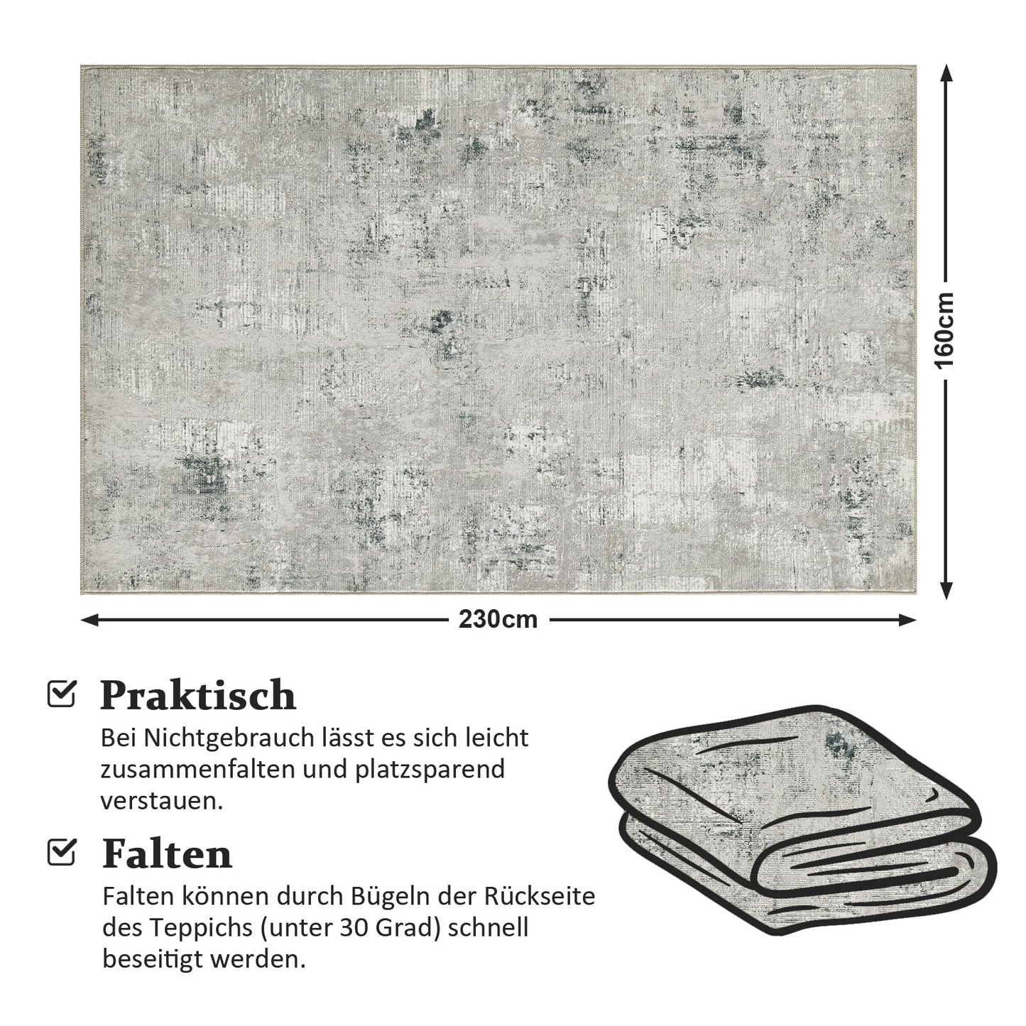 Guchuang Bedding Living Room Rug 140 x 200 cm, Grey Green Rug Vintage Mottled Smudged Design Short Pile Rugs, Washable Non-Slip Rugs for Bedroom