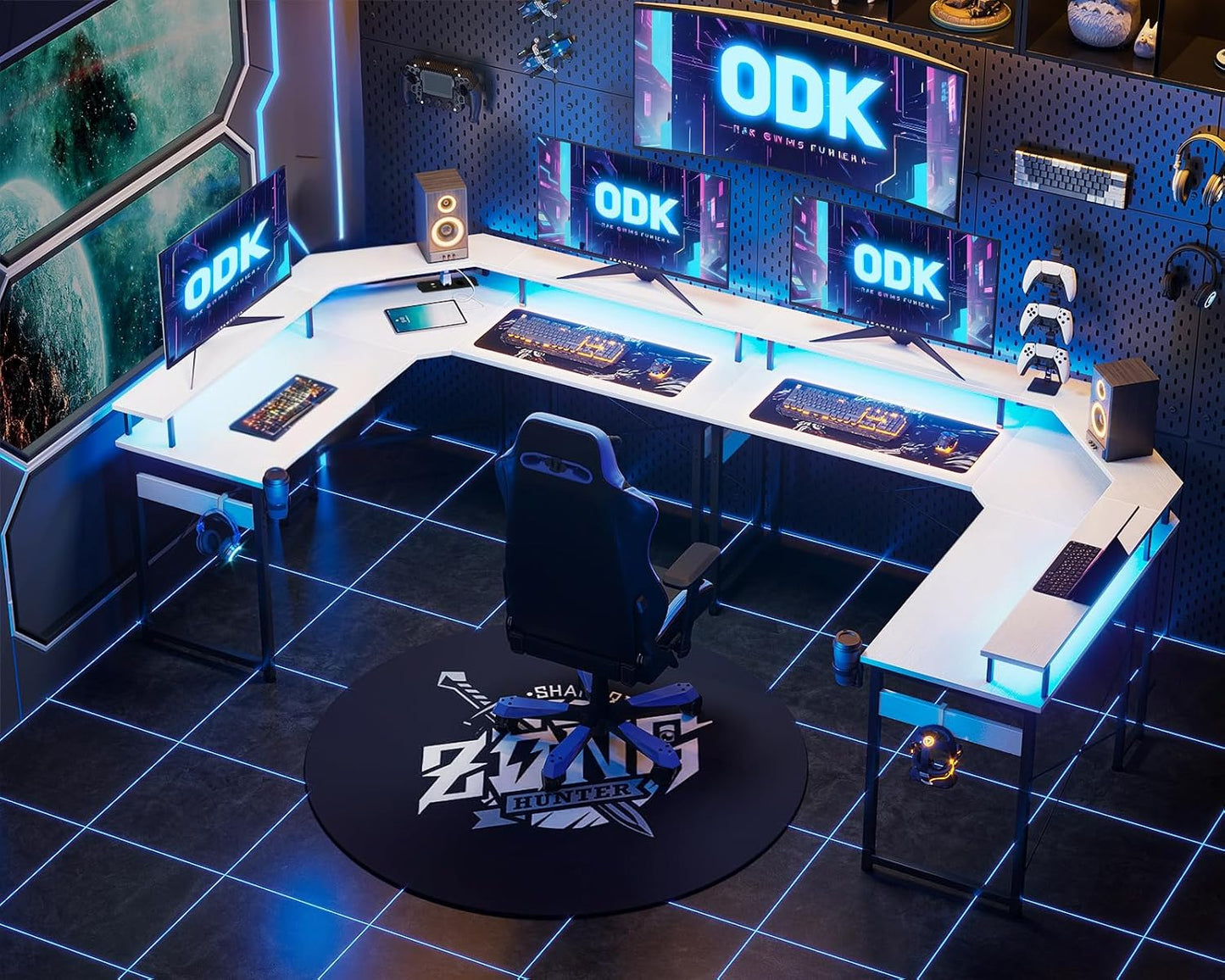 ODK Gaming Tisch mit LED, Gaming Schreibtisch mit 2 Steckdosen und 2 USB Ladeanschluss, PC Tisch Gaming mit großzügiger Monitorablage, Gamer Schreibtisch in Kohlefaser Weiß, 129x129 cm