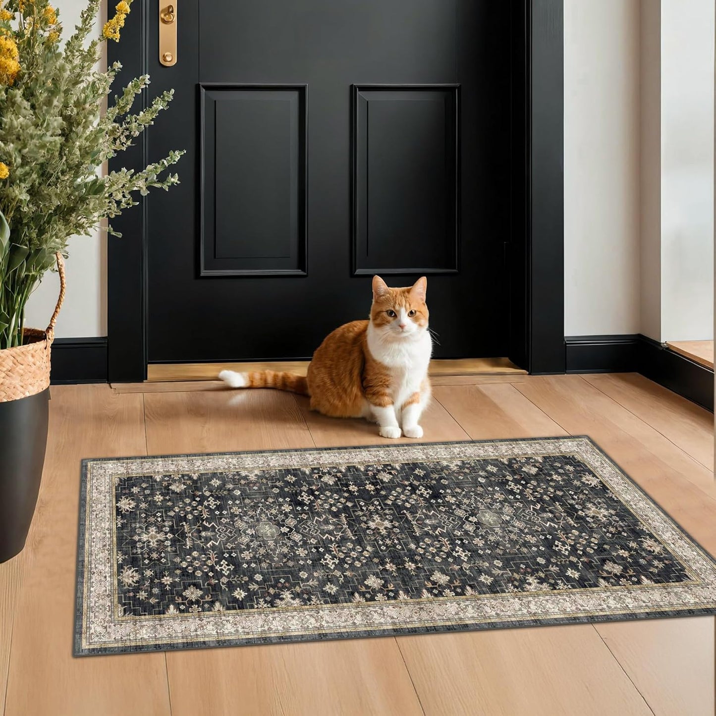 Black Washable Entry Rug, 2x3 Small Rugs for Entryway Kitchen Bathroom Door Mat Indoor Entrance, Non Slip Rubber Backing, Stain & Fade Resistant, Ashen Charcoal Floral Farmhouse Decor
