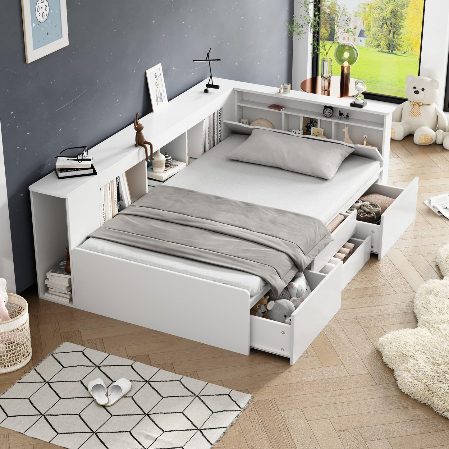 Children's Bed 90 x 200 cm, Wooden Bed with Drawers and Board, Headboard with Bookshelf and Fall Protection, Bed with Slatted Frame and Storage Space, Teenager's Bed, Functional Bed, Wooden Bed Frame,