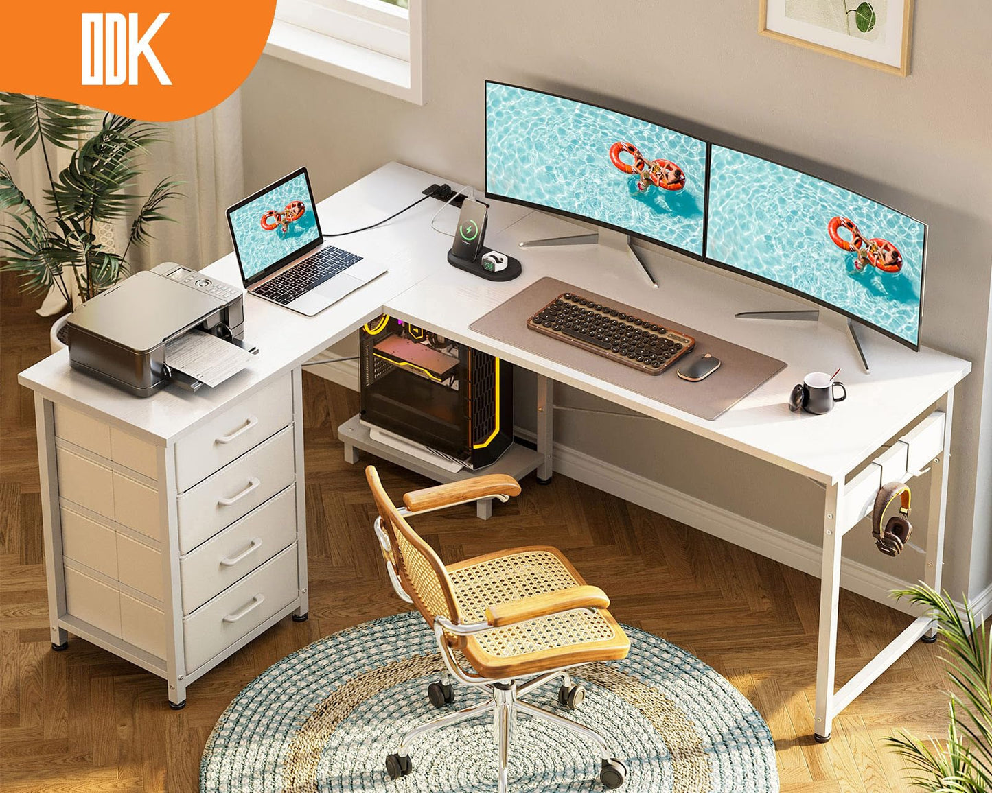 ODK Corner Desk with 4 Drawers, 135 x 100 cm, L Shape Desk with Socket and USB Charging Port, Reversible Desk with Storage Space for Home Office and Gaming, Black