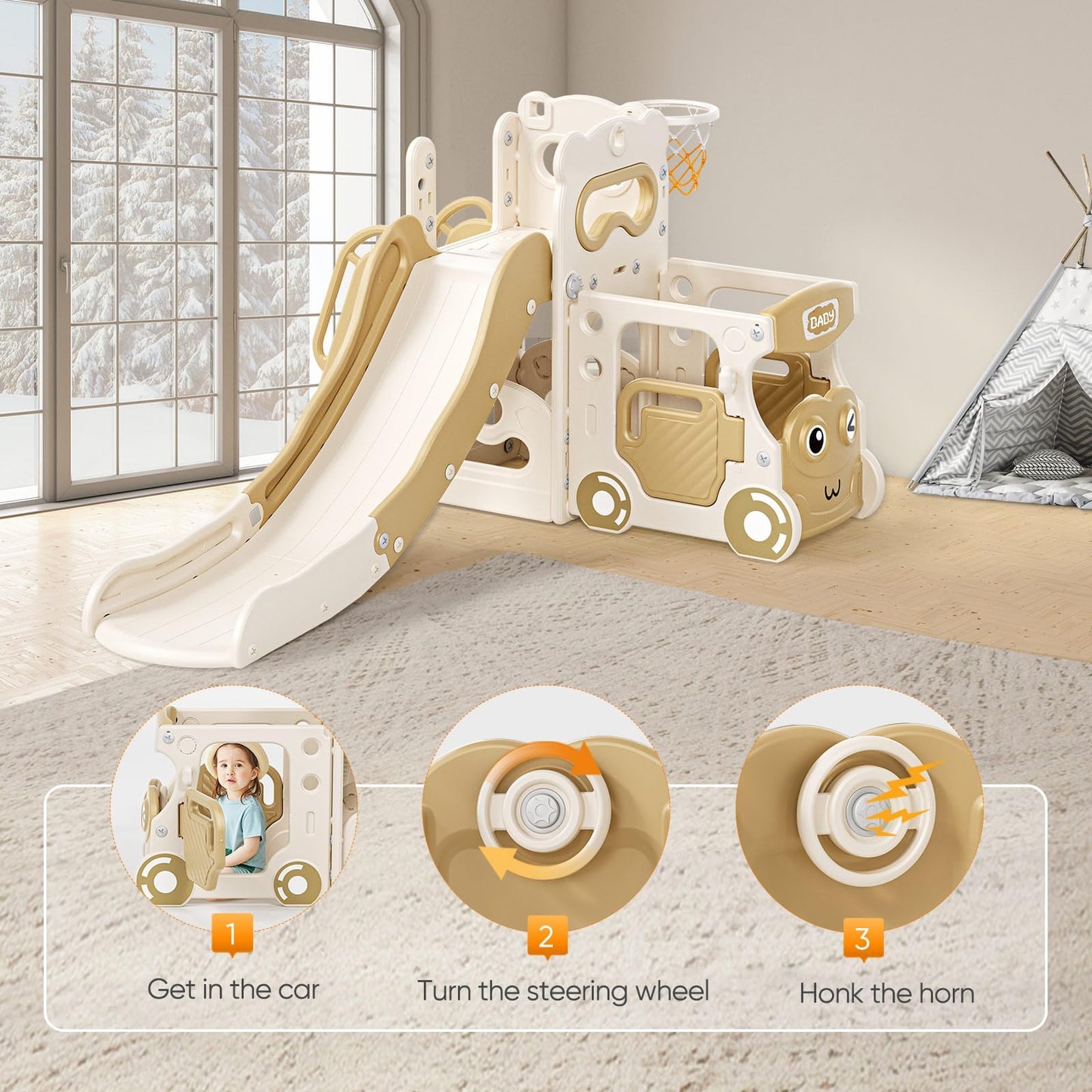 Krovtoy Kleinkindrutsche mit Weihnachtselch-Motiv, freistehende Kleinkindrutsche mit Golf-Set, Babyrutsche, Spielplatzgerät, für den Innen- und Außenbereich (Grau Beige - 6 in 1)