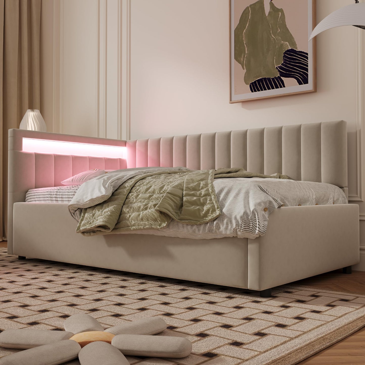 KEYIDE Upholstered Sofa Bed, 140 x 200 cm with LED Lighting and USB Charging, Bed Frame with Wooden Slatted Frame, Day Bed, Guest Bed, Youth Bed, Velvet Fabric, Without Mattress (Grey, 140 x 200)