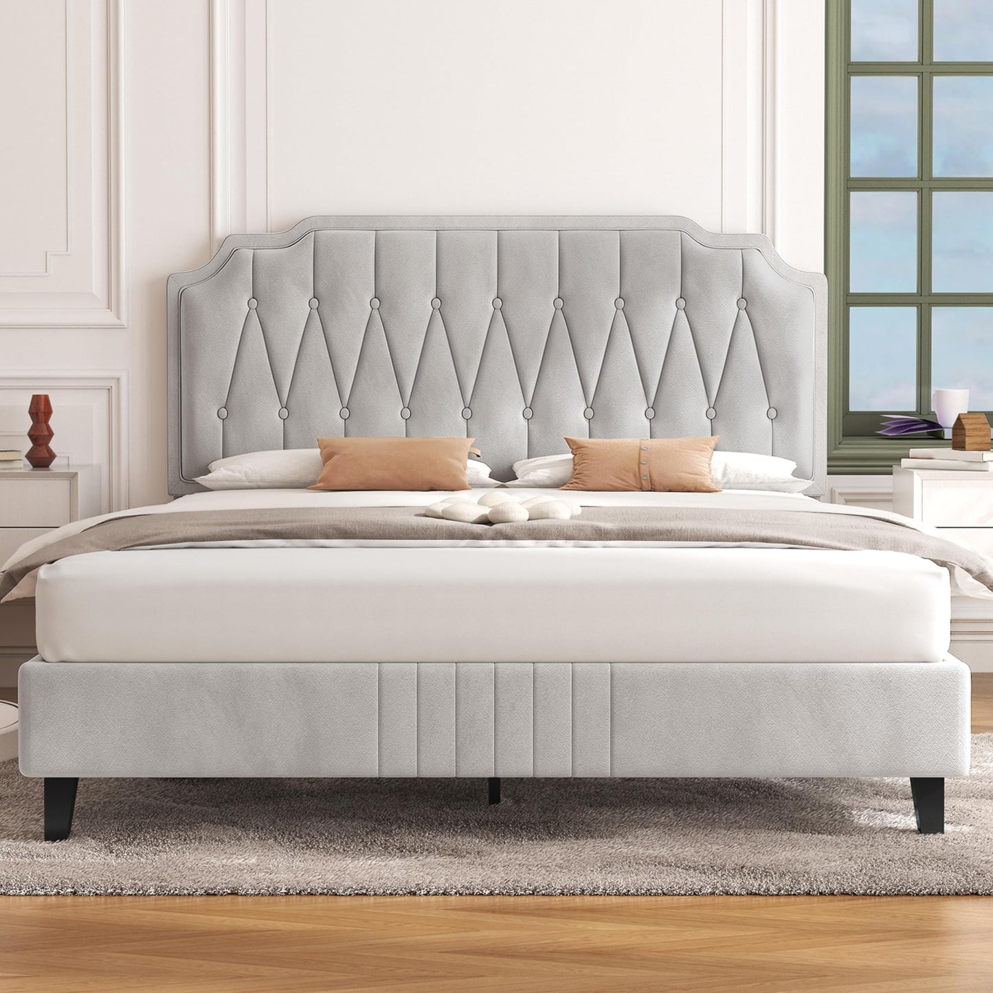 Yaheetech Upholstered Double Bed 140 x 200 cm Fabric Bed Youth Bed Padded Bed with Height-Adjustable Headboard Bed Frame with Slatted Frame, Dark Grey