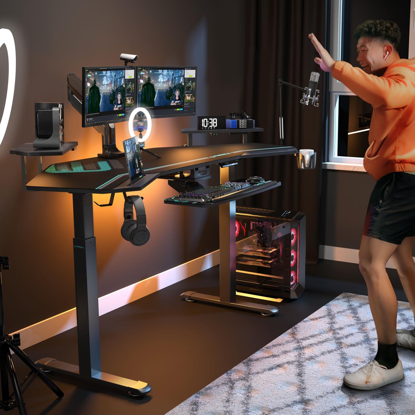 EUREKA ERGONOMIC Height Adjustable Desk 182 x 76 cm Standing Desk in Wing Shape Gaming Table Height Adjustable Electric Large Gaming Desk with LED Monitor Stand and Keyboard Shelf