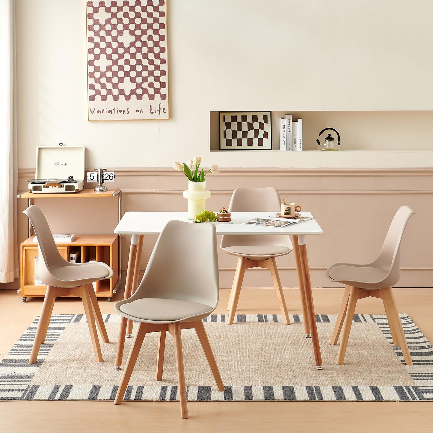 H.J WeDoo Esszimmergruppe mit 4 Essstühlen, Rechteckig Esstisch und Stühle für Esszimmer, Küche, Wohnzimmer, Weißer Esstisch und Graue Stühle