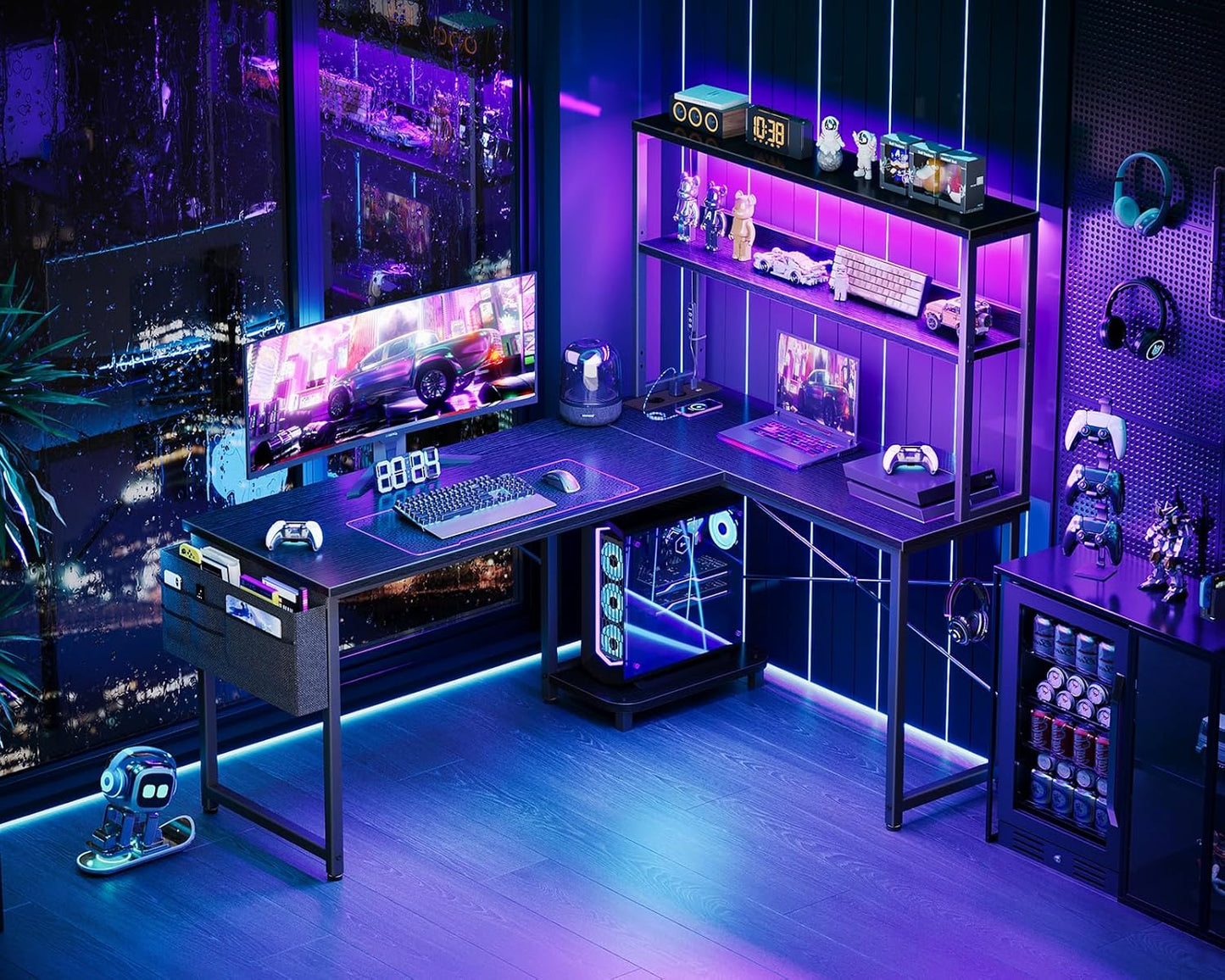 Coleshome Gaming Tisch L Form mit LED & Steckdosen, 135 × 100 cm Reversibel Gaming Schreibtisch mit Ablageregalen, Eckschreibtisch mit Aufbewahrungstasche für Homeoffice und Gaming, Schwarz