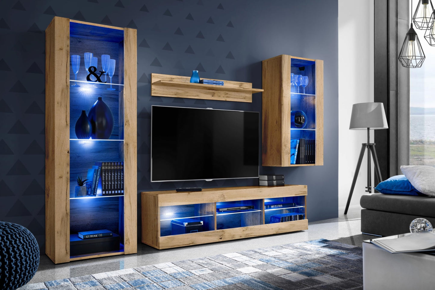 Komodee Tivoli Medio Wall Unit Living Room Set, Black/Black, Width 245 cm x Height 159 cm x Depth 35 cm, LED Blue, for Living Room, Bedroom