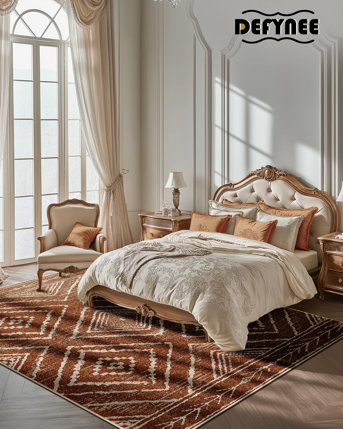 DEFYNEE Teppich Wohnzimmer 120 x 180 cm – Waschbarer Kurzflor Teppich, rutschfest, Vintage & Boho Stil, Pflegeleicht – Für Flur, Wohnzimmer, Schlafzimmer & Esszimmer, Dunkelblau