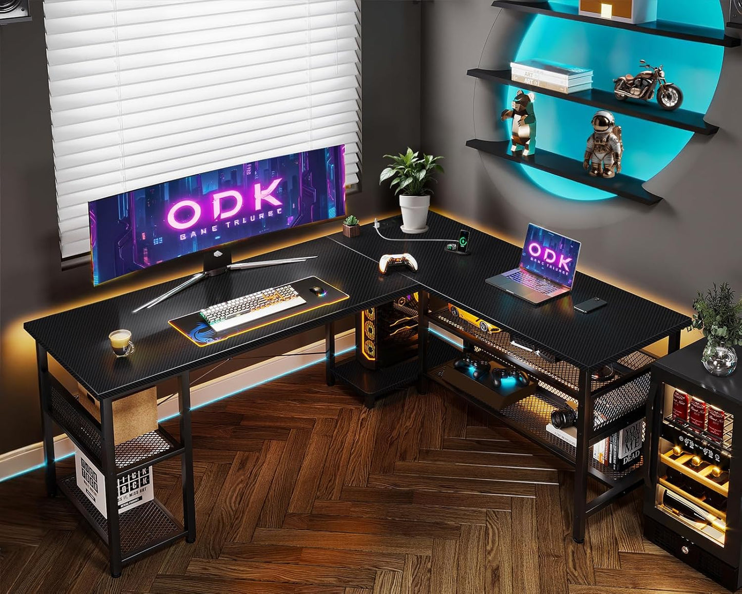 ODK Gaming Tisch, Reversibel Gaming Schreibtisch mit 2 Steckdosen und 2 USB Ladeanschluss, Eckschreibtisch für Office und Gaming, Weiß, 150×102cm