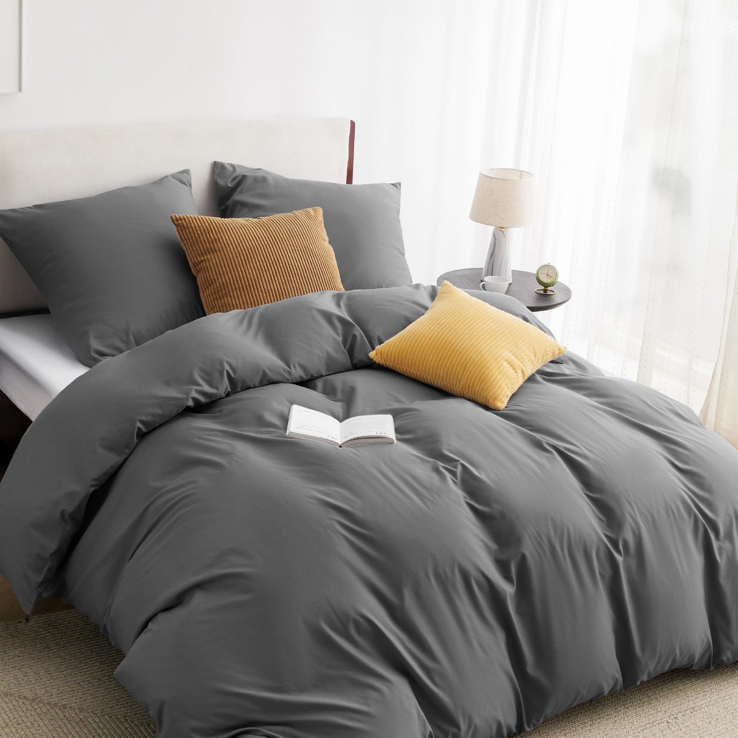 Bedsure Bed Linen 135 x 200 cm, 4-Piece Anthracite Bed Linen, 2 Duvet Covers 135 x 200 cm and 2 Pillowcases 80 x 80 cm, Oeko-Tex Bed Linen Sets, Polyester Microfibre with Zip