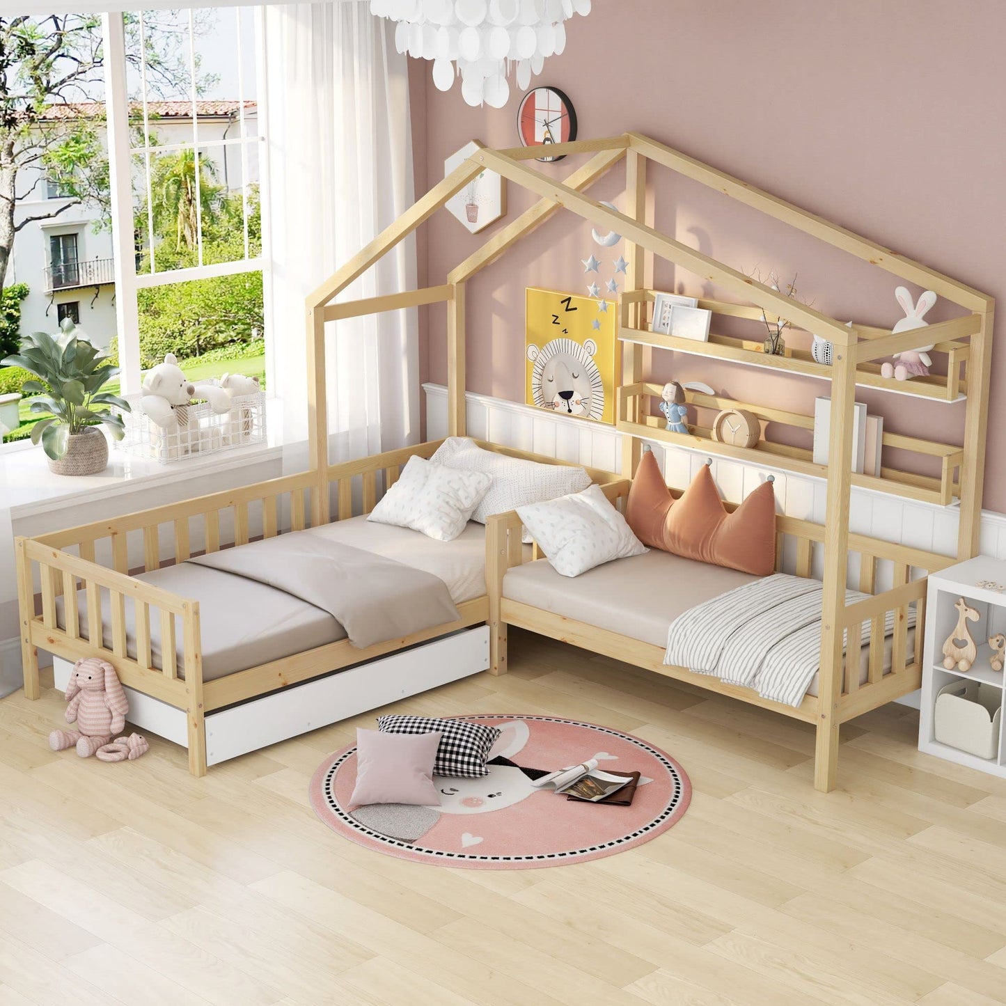 Merax Hausbett 90x200 cm mit 2 Schubladen, für 2 Kinder Doppelbett, Vielseitiges Holz Baumhausbett für Mädchen & Jungen, Stabil Spielbett Gitterbett mit Rausfallschutz und Lattenrost, Weiß