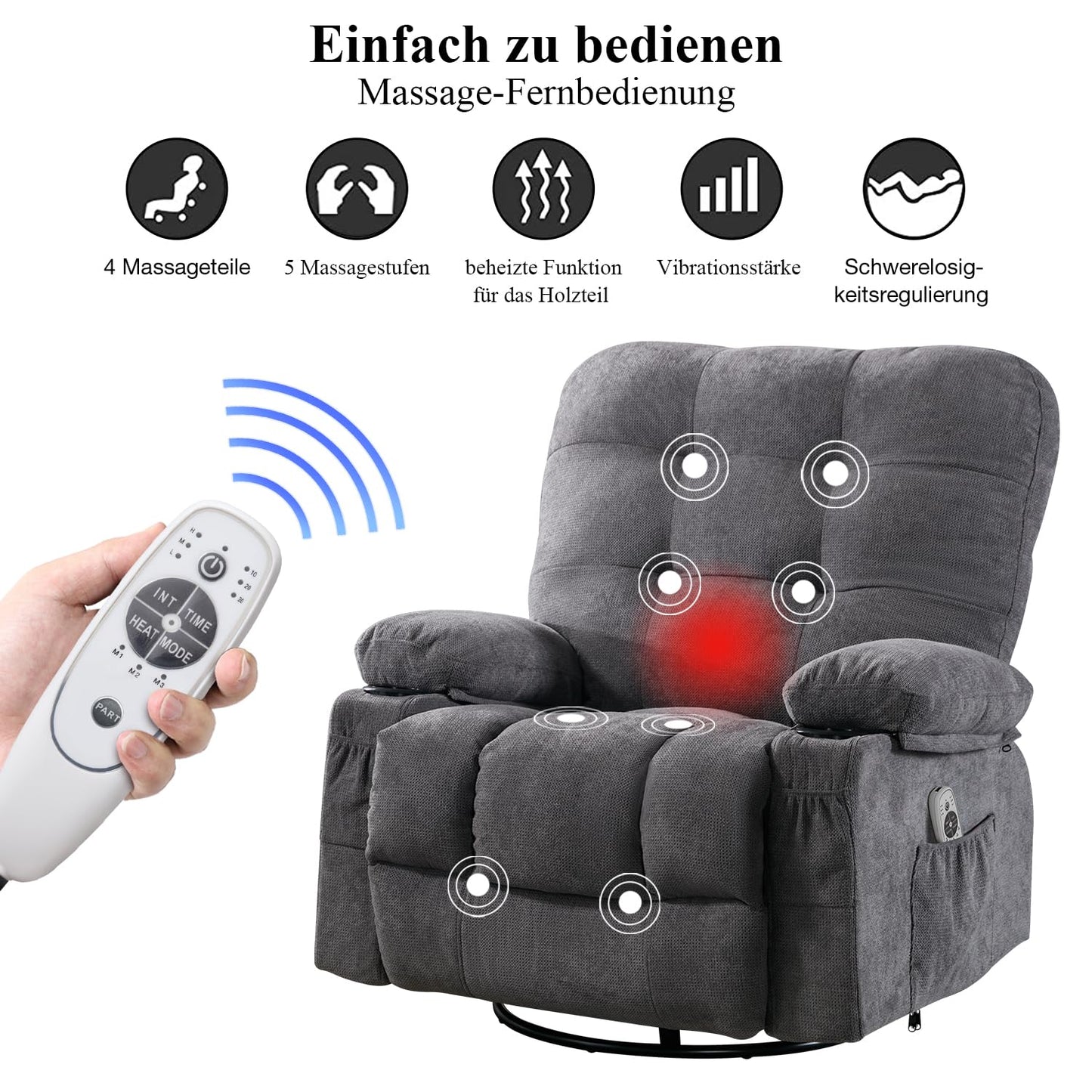 Bosmiller Relaxsessel mit Liegefunktion Massagesessel Oversize Fernsehsessel 360°Drehbarer Liegesessel Heizung Verstellbar Sessel Stoff
