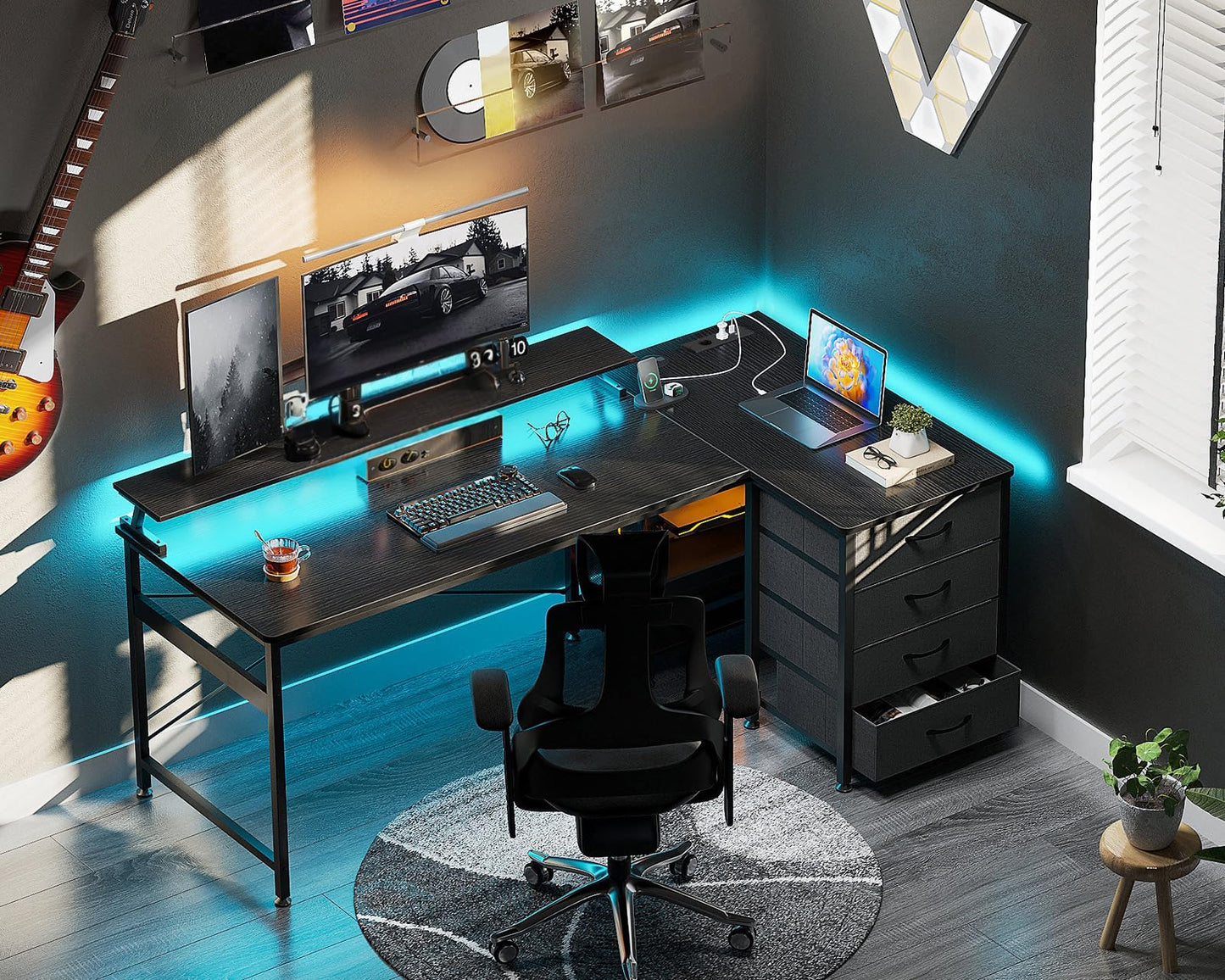 ODK Eckschreibtisch mit 4 Stoff Schubladen, 160x80cm Reversible Schreibtisch L Form mit 2 Steckdosen und 2 USB Ladeanschluss, Gaming Tisch L Form mit LED&Monitorständer für Home Office, Schwarz