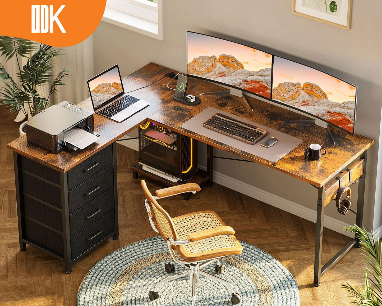 ODK Corner Desk with 4 Drawers, 135 x 100 cm, L Shape Desk with Socket and USB Charging Port, Reversible Desk with Storage Space for Home Office and Gaming, Black