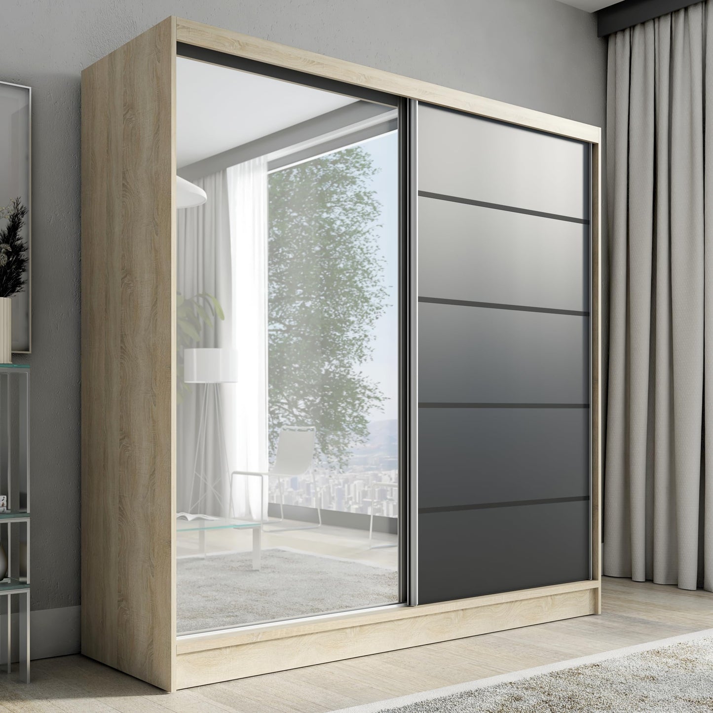 A&J MöbelLand Schwebetürenschrank mit Spiegel, 200 cm, 2 Türen, Schwarz (Schwarz)