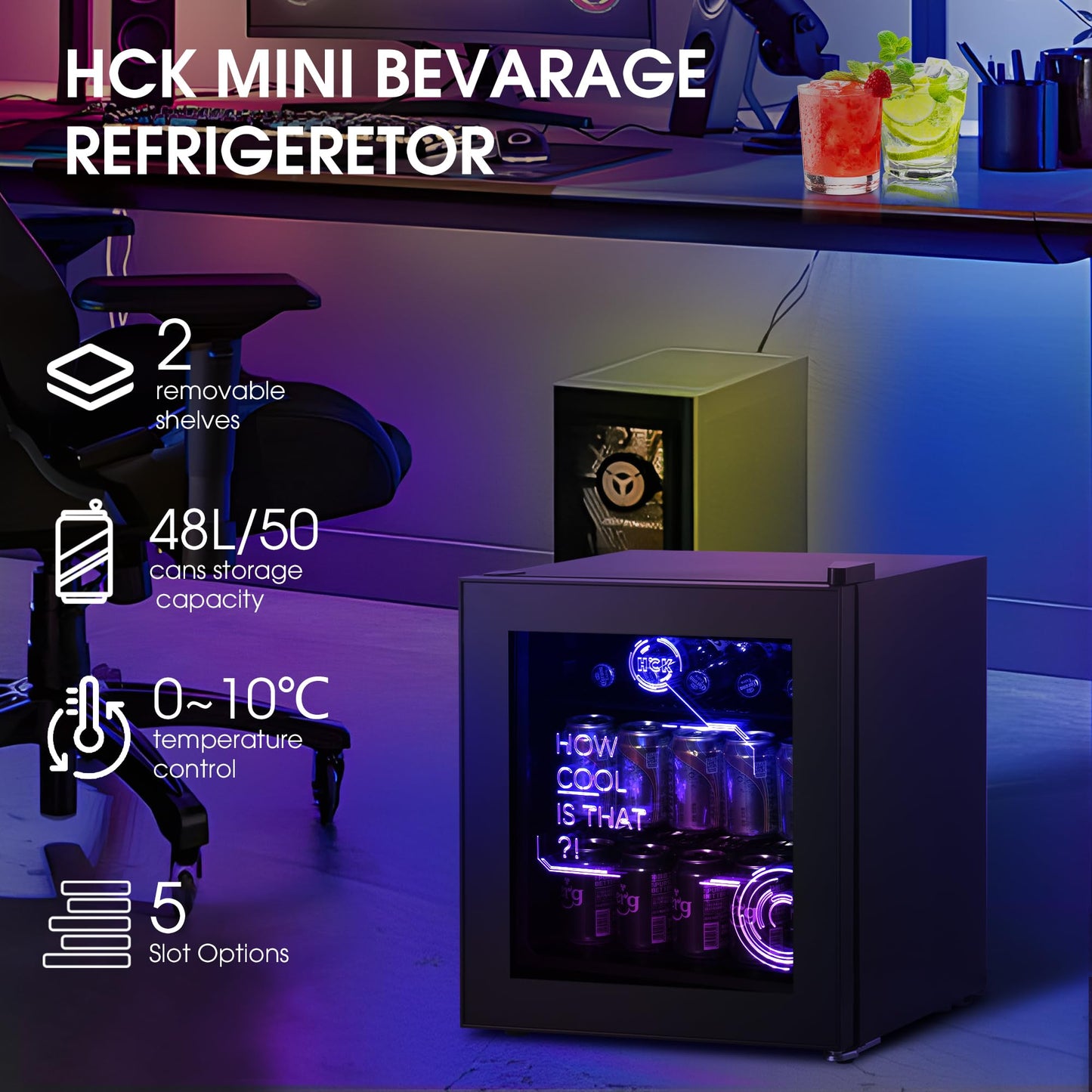 HCK 98L Getränkekühlschrank mit Cyberpunk RGB Beleuchtung, Minibar kleine Kühlschrank mit Glastür, lautlos 39dB, 0-15°C, Bierkühlschrank für Spielzimmer, Küche, Schwarz