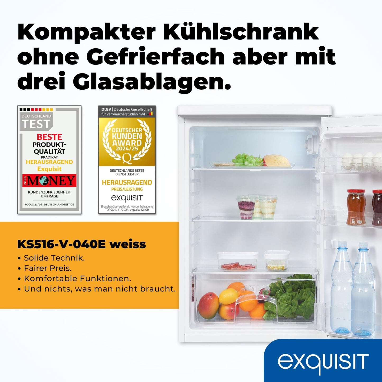 Exquisit Kühlschrank ohne Gefrierfach, 126 Liter, 55 cm Breit, Freistehend, Kompakt, Temperaturregelung, LED-Licht, KS516-V-040D weiss
