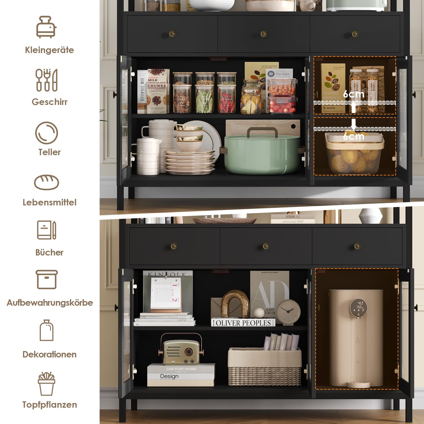 FirFurd Sideboard Küchenschrank mit Arbeitsplatte &3 Schubladen&3 Glastüren, Buffetschrank Kommode Kaffeebar Mehrzweckschrank, Sideboard für Wohnzimmer Küche Esszimmer 108 x 38 x 98,5 cm schwarz