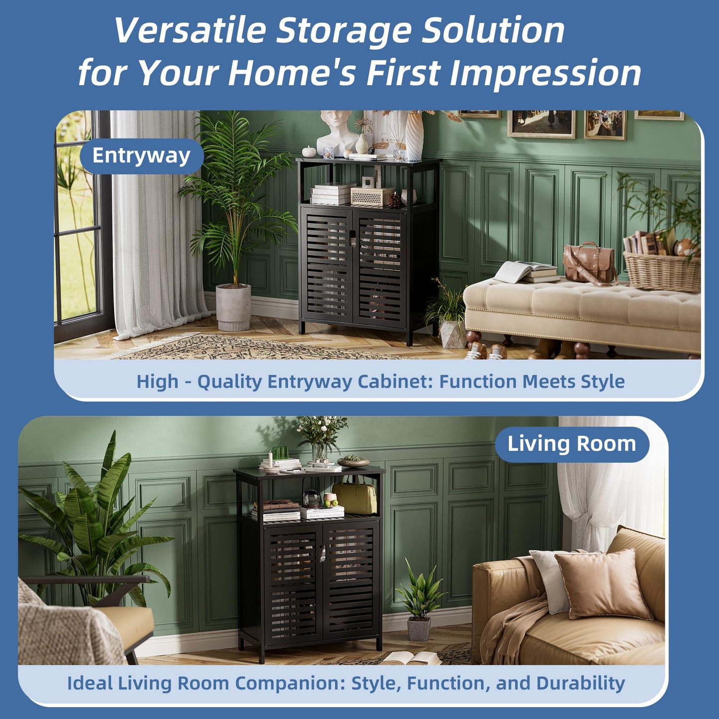 HITNET Bathroom Cabinet Bamboo Black Bathroom Cabinet with 2 Doors Freestanding Cabinet for Bathroom, Living Room and Bedroom