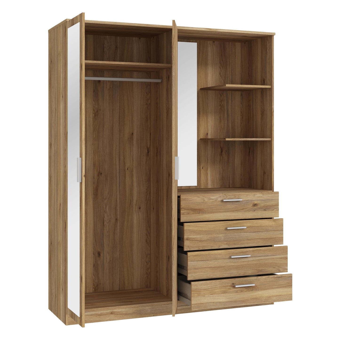 FORTE DEWANIA Kleiderschrank 160, Schrank mit offenen Regalfächern und Spiegel, Holzwerkstoff, Weiß, 159,3 cm breit, 203,4 cm hoch, 52,7 cm tief