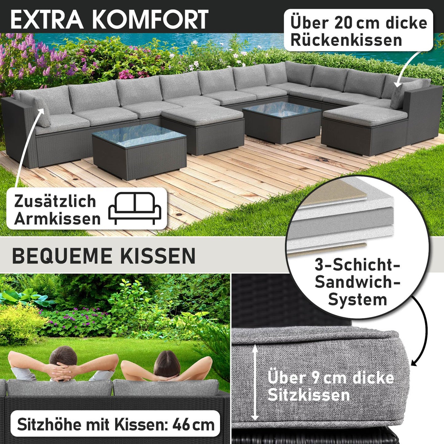 BRAST® Gartenmöbel Lounge Set XXL | 8-12 Personen viele Modelle & Farben | inkl. extra Dicke Kissen | TÜV geprüft | Outdoor Loungemöbel Sitzgruppe Essgruppe Garnitur | Dreams Grau