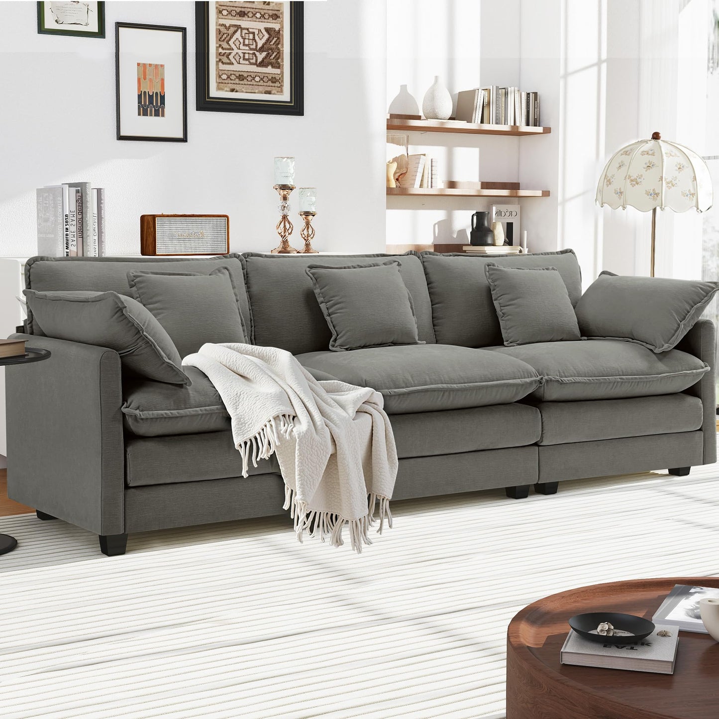 Urhanherry U-Shape Cloud Sofa, Modular Sectional Sofa, 6-Seater with 2 Ottomans, Modern Sofa with Decorative Cushions/Armrests, Breathable Chenille Fabric, U Sofa Couch for Living Room, Beige