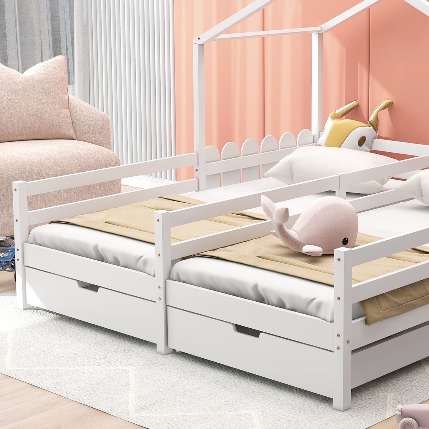 Merax Hausbett 90x200 cm mit 2 Schubladen, für 2 Kinder Doppelbett, Vielseitiges Holz Baumhausbett für Mädchen & Jungen, Stabil Spielbett Gitterbett mit Rausfallschutz und Lattenrost, Weiß
