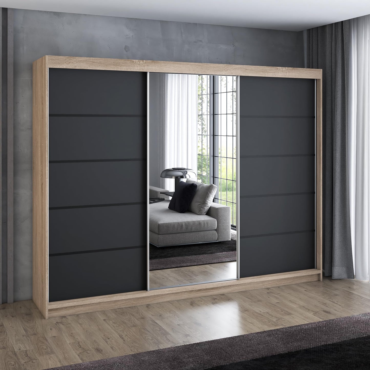A&J MöbelLand Schwebetürenschrank VILANO 2, 3-türig Schrank 200 cm Kleiderschrank mit 4 Schubladen, und Spiegel (Weiß, Schwarz, Somona) (Schwarz/schwarz/schwarz)