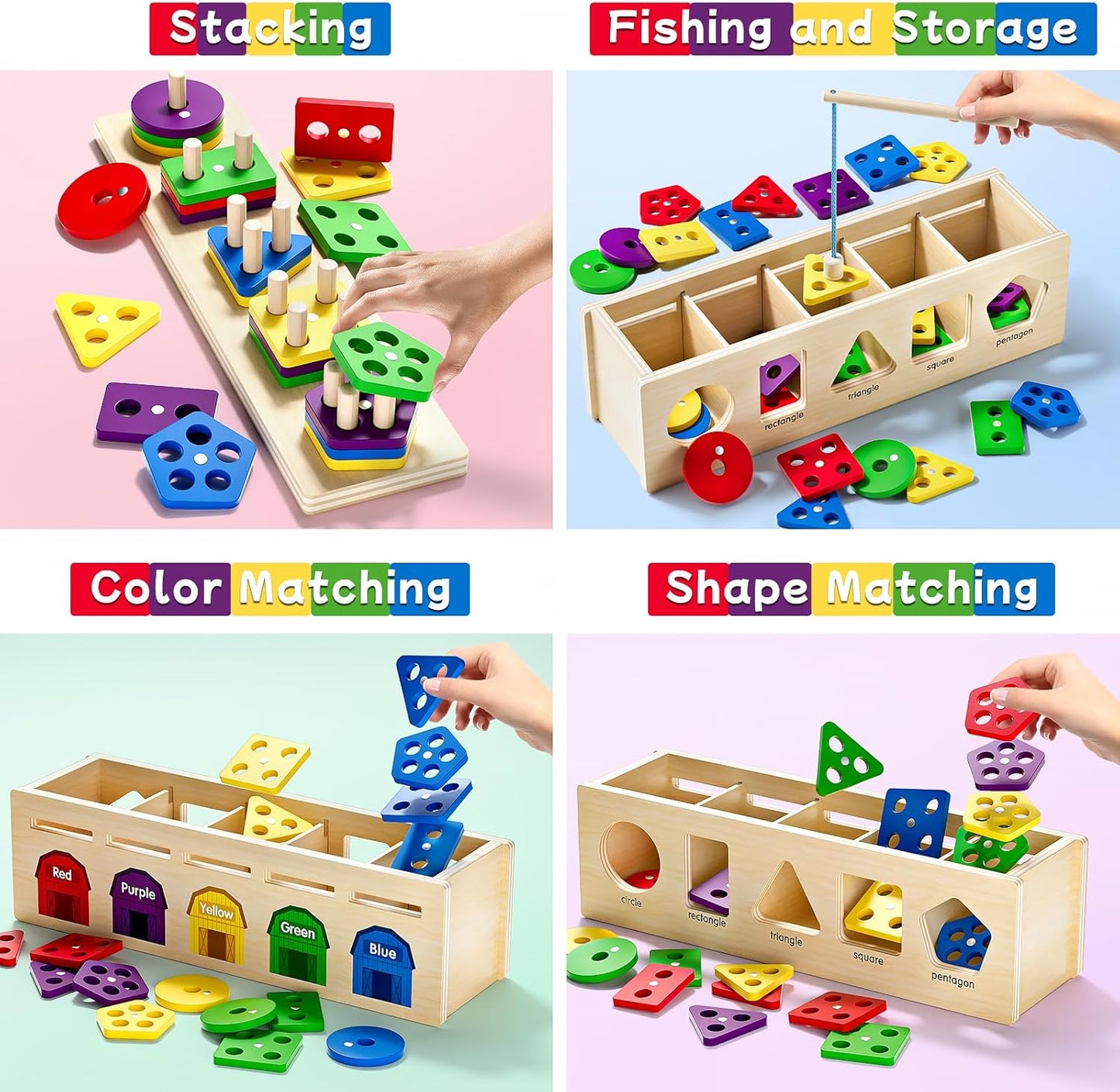 UMEREACT 4 in 1 Shape Sorter, Sorting and Stacking, Wooden Montessori Toy, 12 Months Old Baby Boys and Girls, Colour Matching, Counting and Fishing Game for 1, 2 and 3 Year Old Gifts