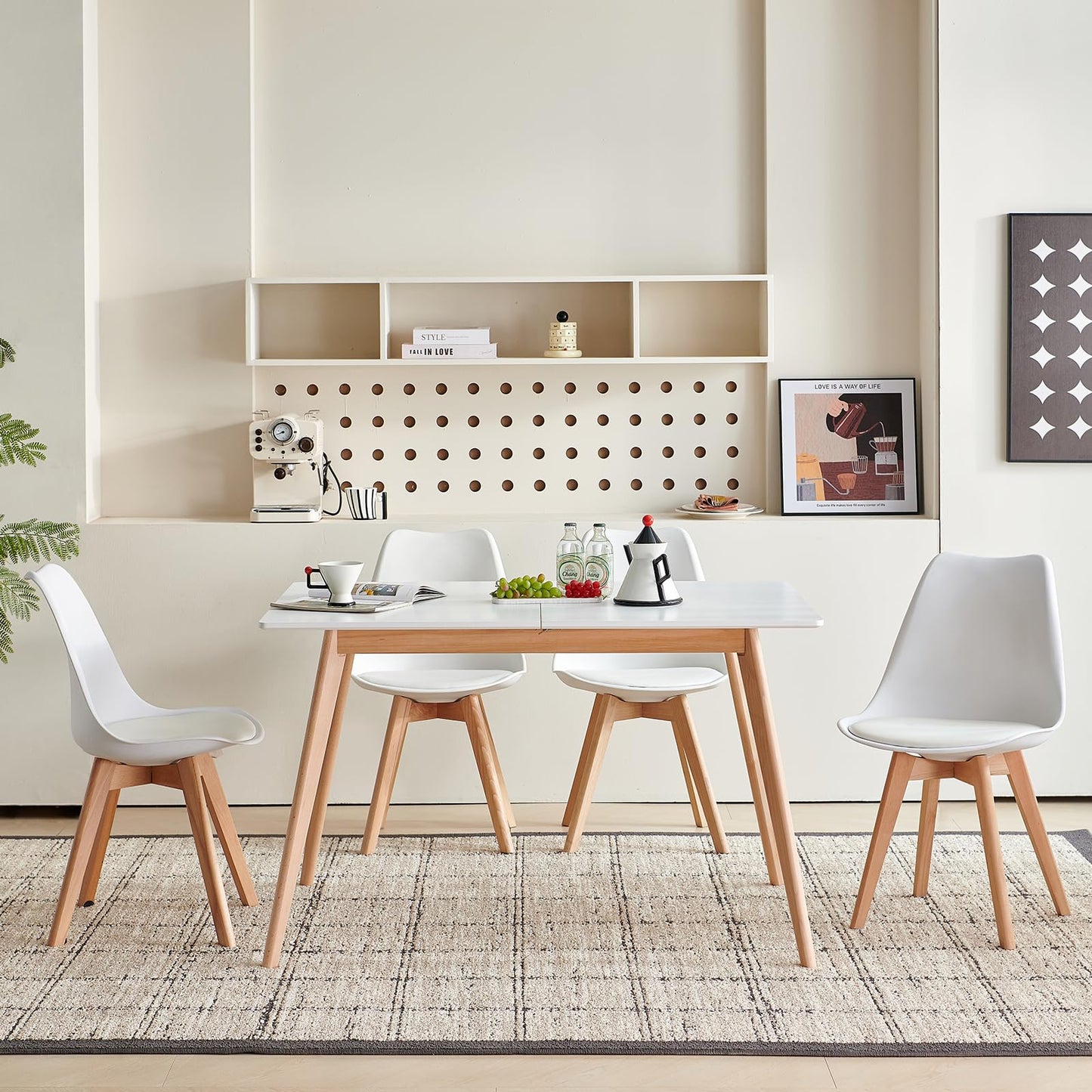 H.J WeDoo Esszimmergruppe mit 4 Essstühlen, Rechteckig Esstisch und Stühle für Esszimmer, Küche, Wohnzimmer, Weißer Esstisch und Graue Stühle