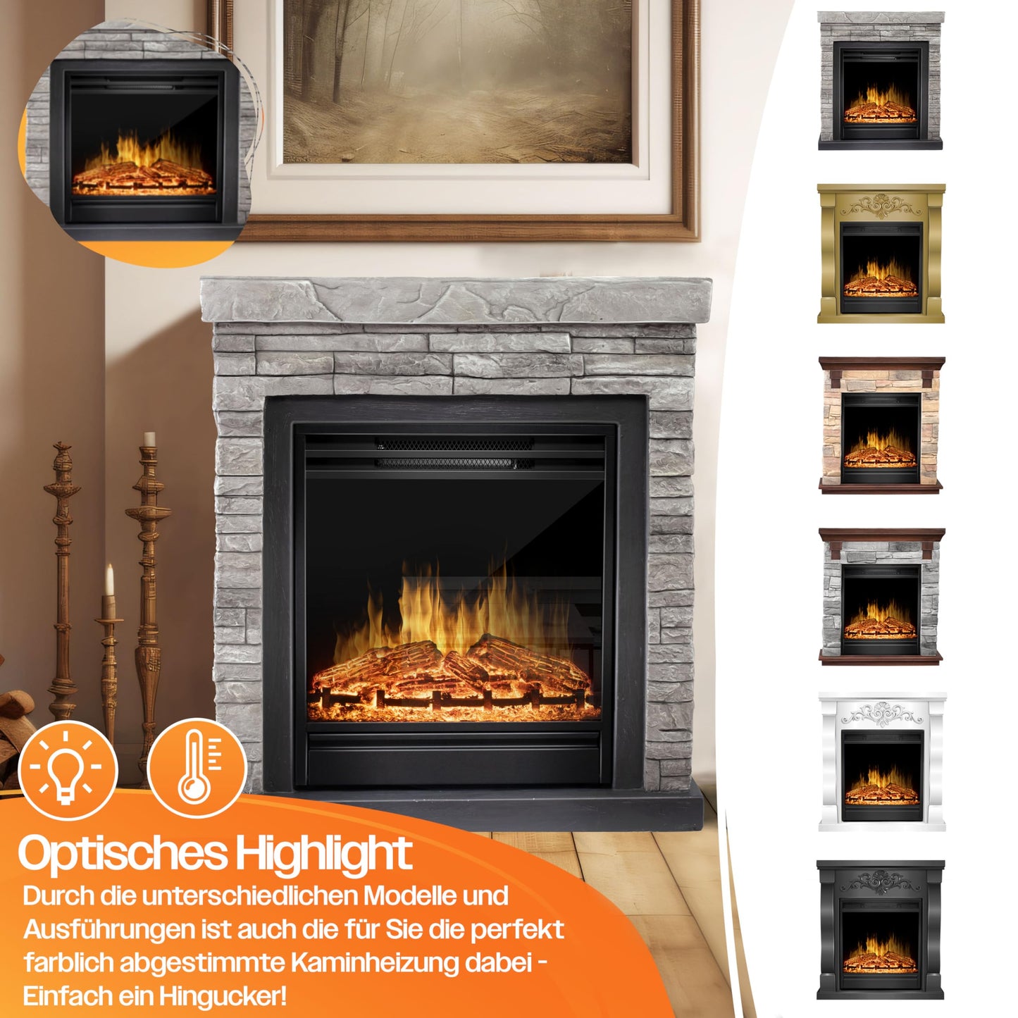 KESSER® Electric Fireplace with LED 3D Flame Effect, Heating Function, 1,800 W Power, Timer, Thermostat, Remote Control, Dimmable, Stone Look/Grey