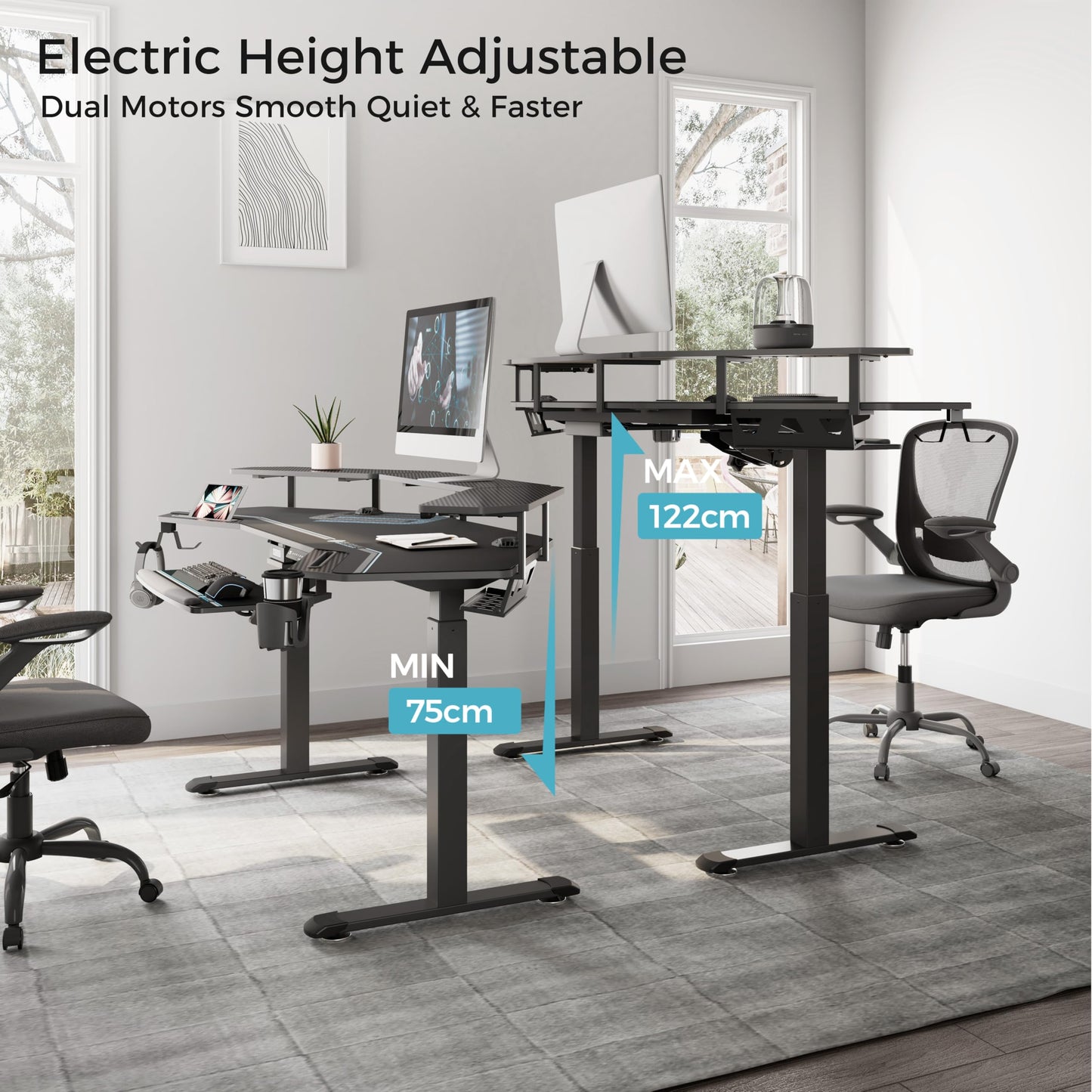 EUREKA ERGONOMIC Height Adjustable Desk 182 x 76 cm Standing Desk in Wing Shape Gaming Table Height Adjustable Electric Large Gaming Desk with LED Monitor Stand and Keyboard Shelf