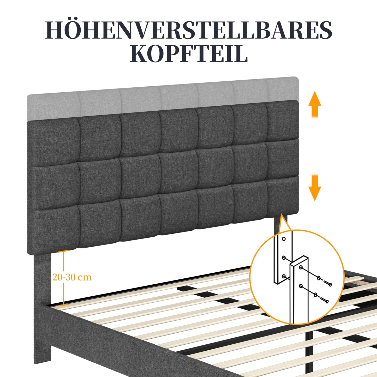 Yaheetech Upholstered Bed 140 x 200 cm Double Bed with Height-Adjustable Headboard, Sturdy Bed Frame, Fabric Bed with Slatted Frame, Padded Bed Frame, Youth Bed, Dark Grey