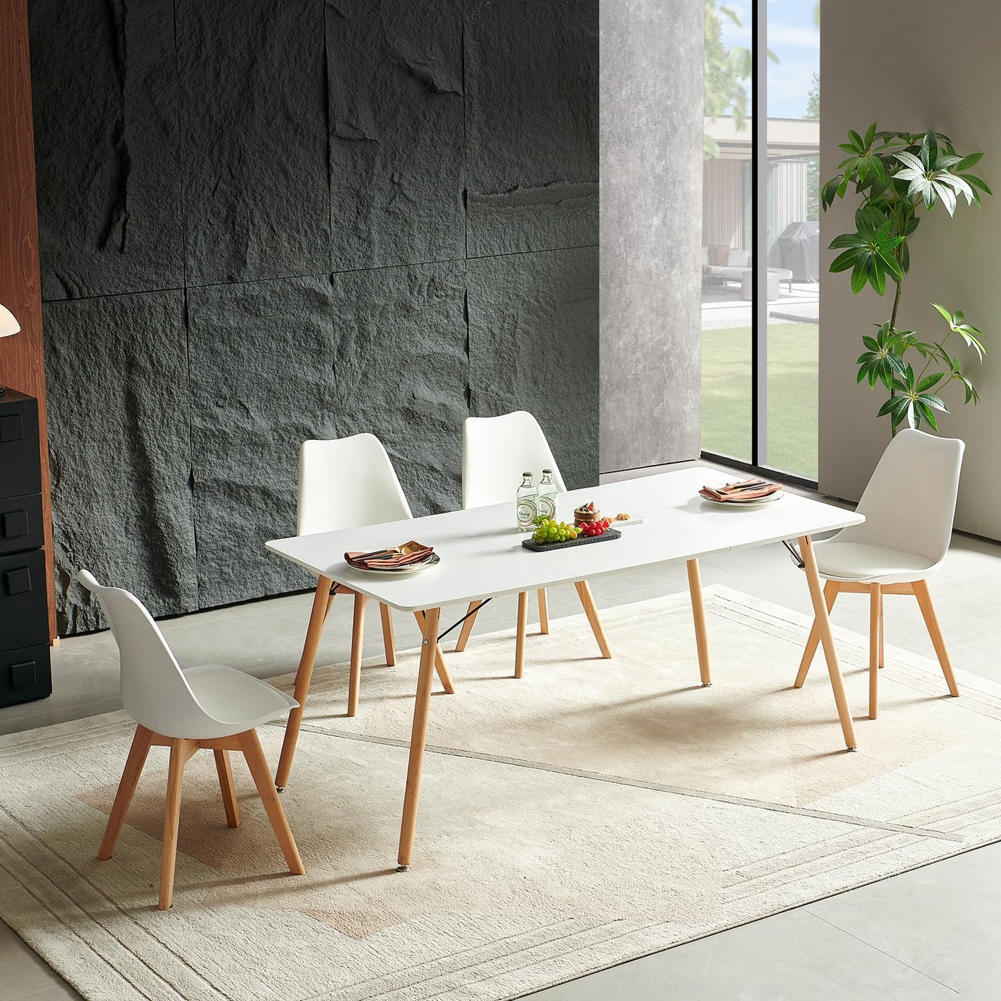 H.J WeDoo Esszimmergruppe mit 4 Essstühlen, Rechteckig Esstisch und Stühle für Esszimmer, Küche, Wohnzimmer, Weißer Esstisch und Graue Stühle