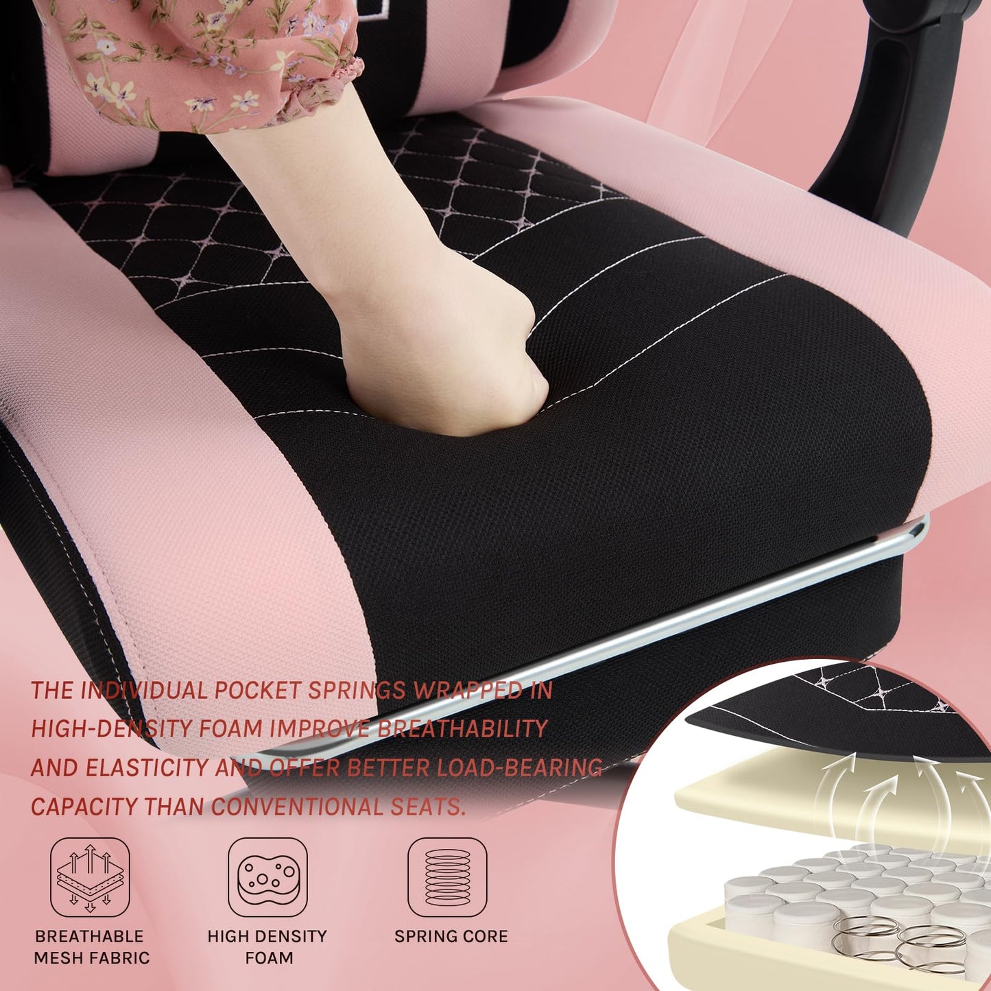 WOLTU Gaming Stuhl mit Massagefunktion, Computerstuhl Ergonomisch, Taschenfederkissen, Lendenmassage, Kopfkissen, Fußstütze, Drehstuhl, 150 kg, Netzstoff, Rosa+Weiß