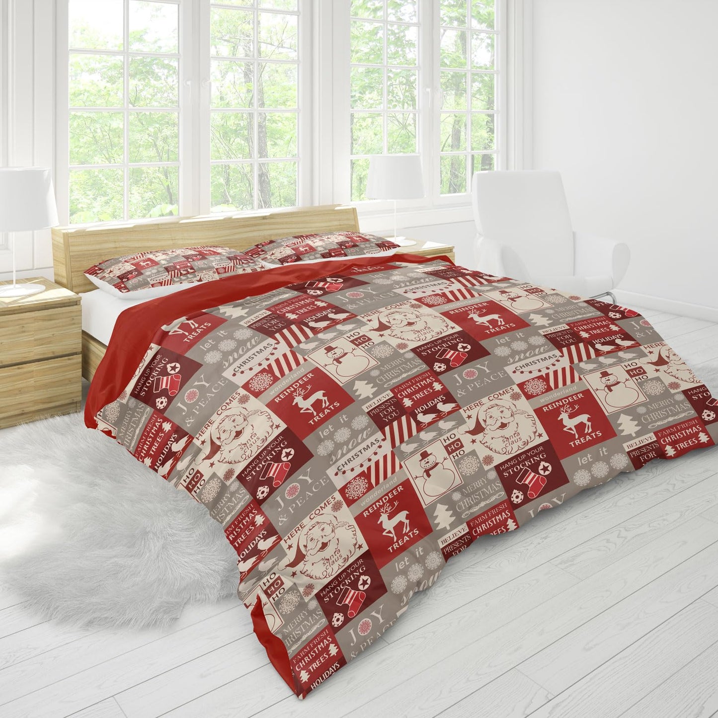 UGZDEA Christmas Bed Linen Set 200 x 200 cm, 3D Christmas Bedding Set with 2 Pillowcases, Santa, Christmas Tree, Deer, Christmas Gift for Teenagers (I, 200 x 200 cm)