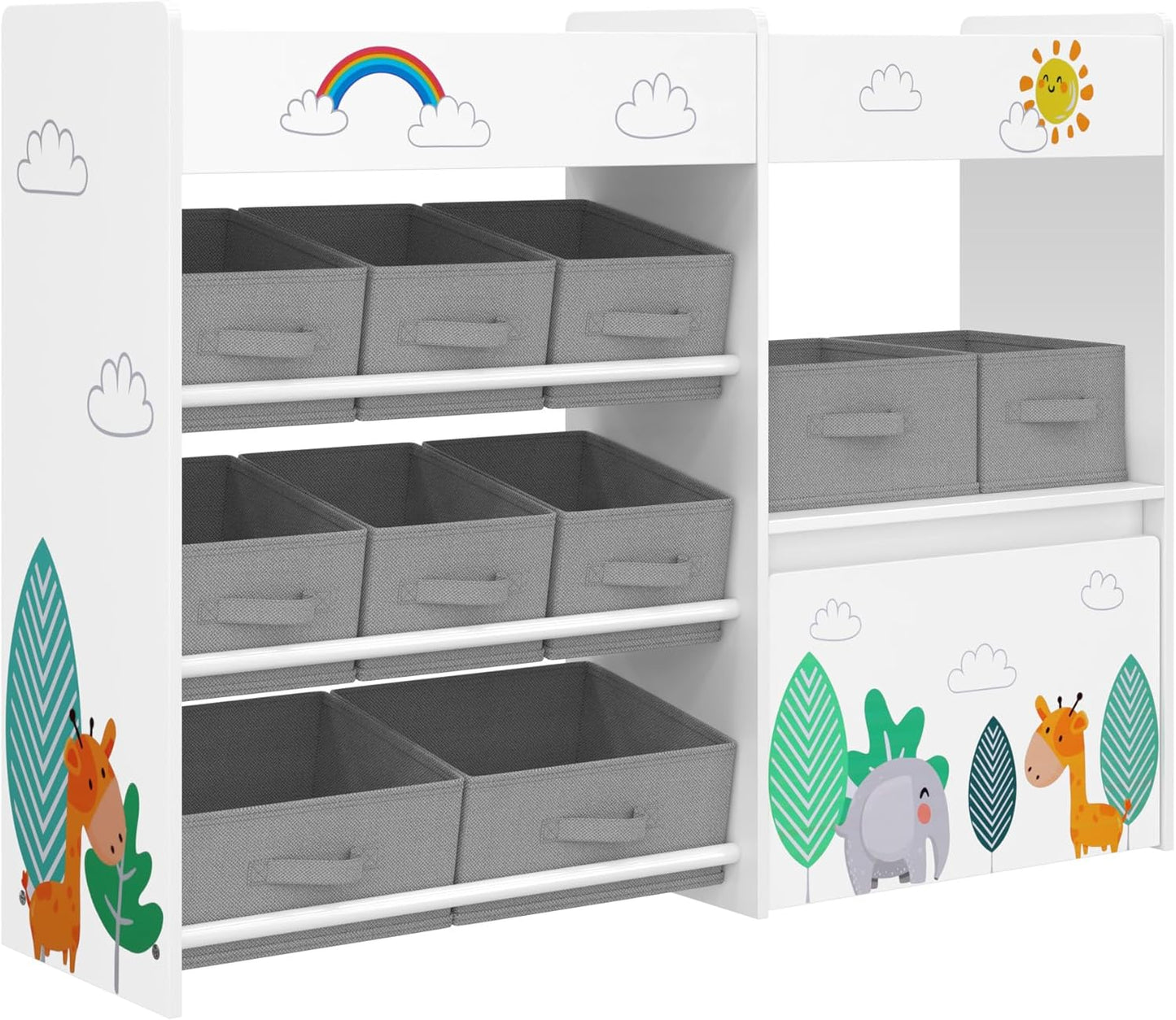 HOCSOK Spielzeugregal, Kinderregal mit 10 Stoff Aufbewahrungsboxen, Bücherregal, Spielzeugkiste auf Rollen, Spielzeug-Organizer im Kinderzimmer, Weiß